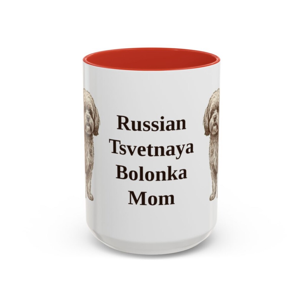 15oz Russian Tsvetnaya Bolonka Dog Mom Mug, Red, front view