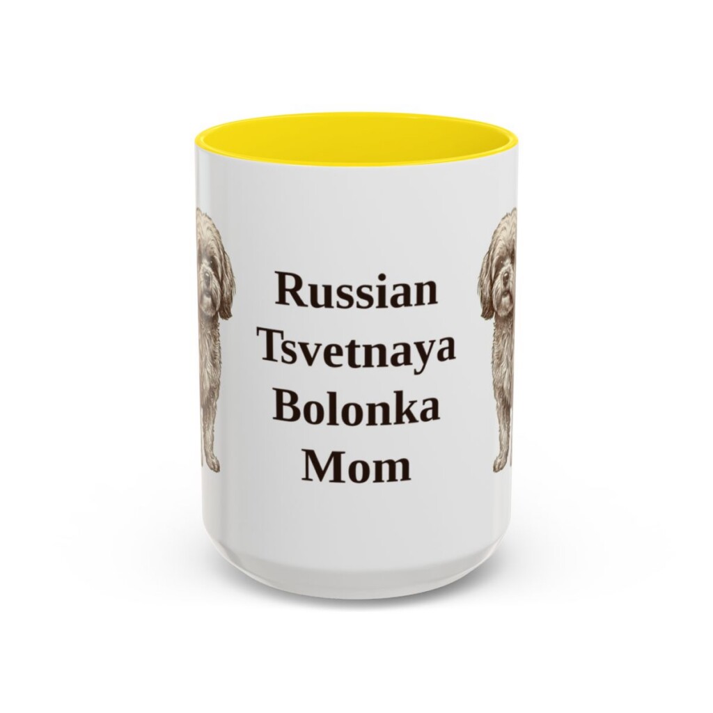 15oz Russian Tsvetnaya Bolonka Dog Mom Mug, Yellow, front view