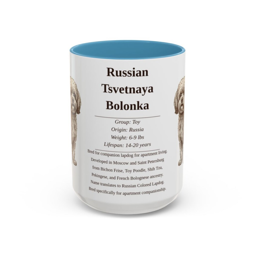 15oz Russian Tsvetnaya Bolonka Mug, Light Blue, front view