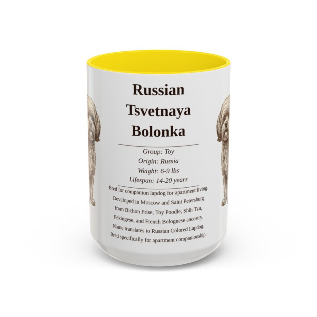 15oz Russian Tsvetnaya Bolonka Mug, Yellow, front view