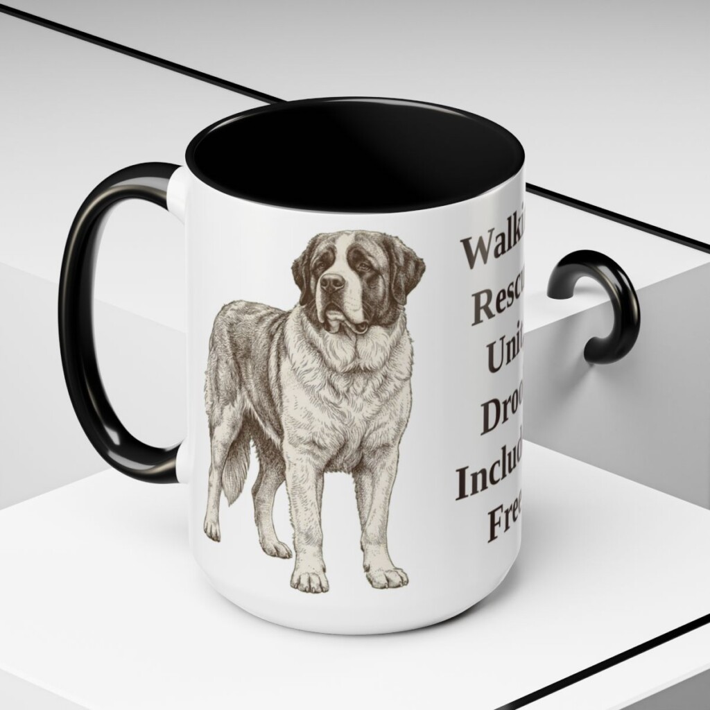 15oz-saint-bernard-mug-humor-black-context-2 15oz Funny Saint Bernard Mug, Black, lifestyle photo