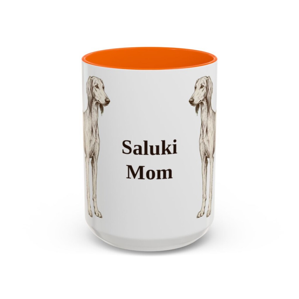 15oz Saluki Dog Mom Mug, Orange, front view