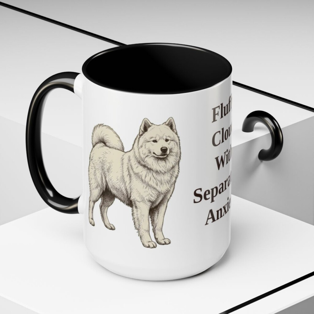 15oz-samoyed-mug-humor-black-context-2 15oz Funny Samoyed Mug, Black, lifestyle photo
