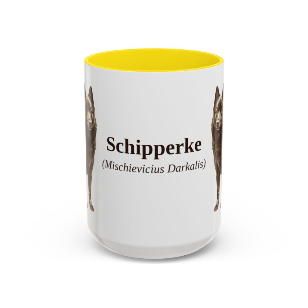 15oz Schipperke Latin Mug, Yellow, front view
