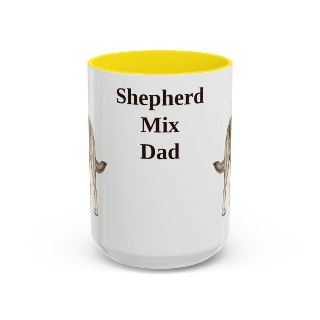 15oz Shepherd Mix Dog Dad Mug, Yellow, front view