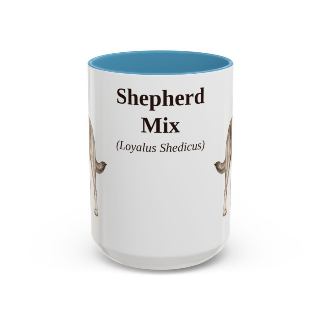 15oz Shepherd Mix Latin Mug, Light Blue, front view