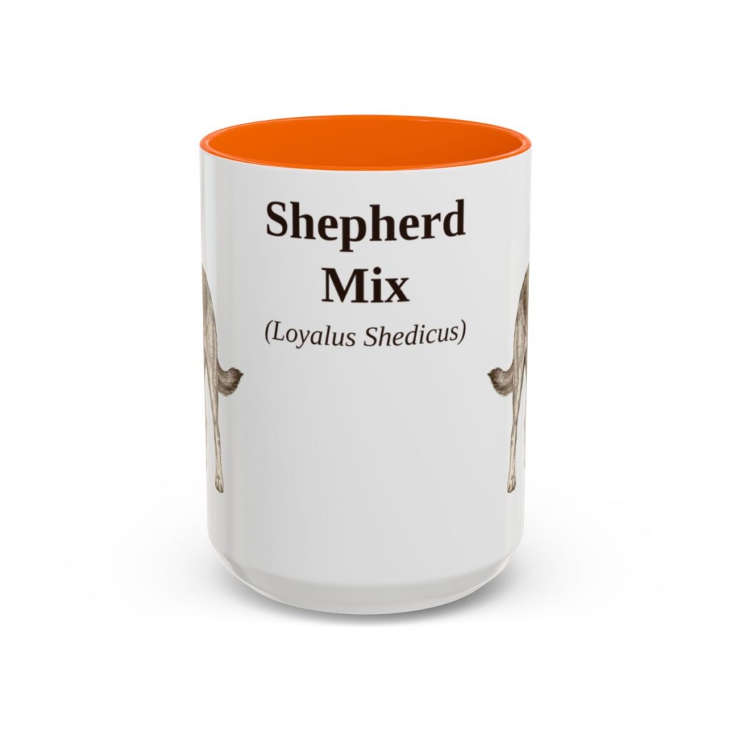 15oz Shepherd Mix Latin Mug, Orange, front view