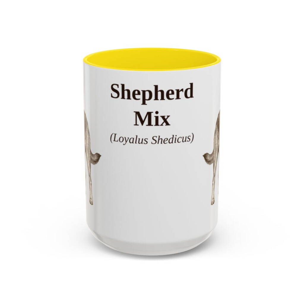 15oz Shepherd Mix Latin Mug, Yellow, front view