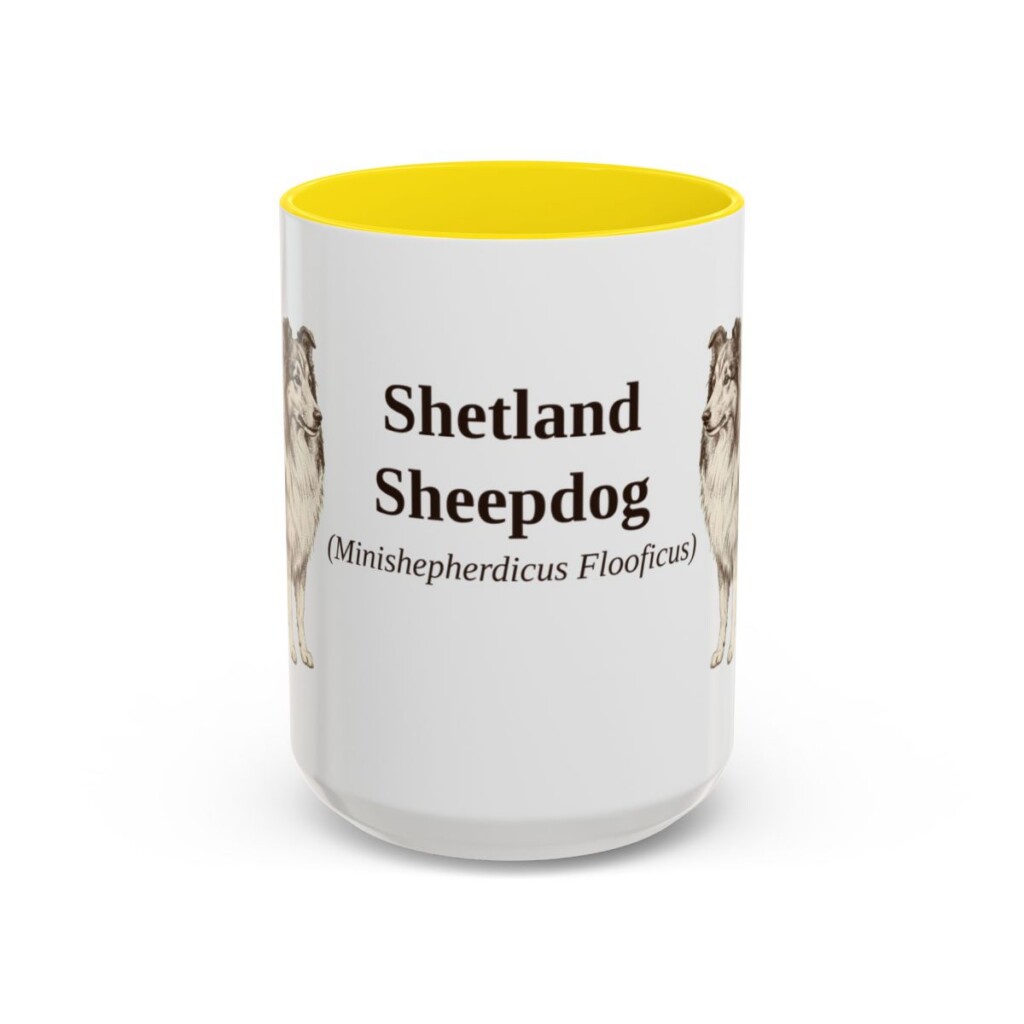 15oz-shetland-sheepdog-mug-latin-yellow 15oz Shetland Sheepdog Latin Mug, Yellow, front view