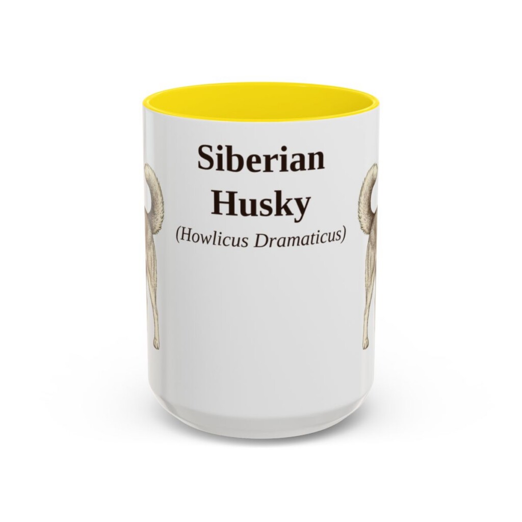 15oz Siberian Husky Latin Mug, Yellow, front view