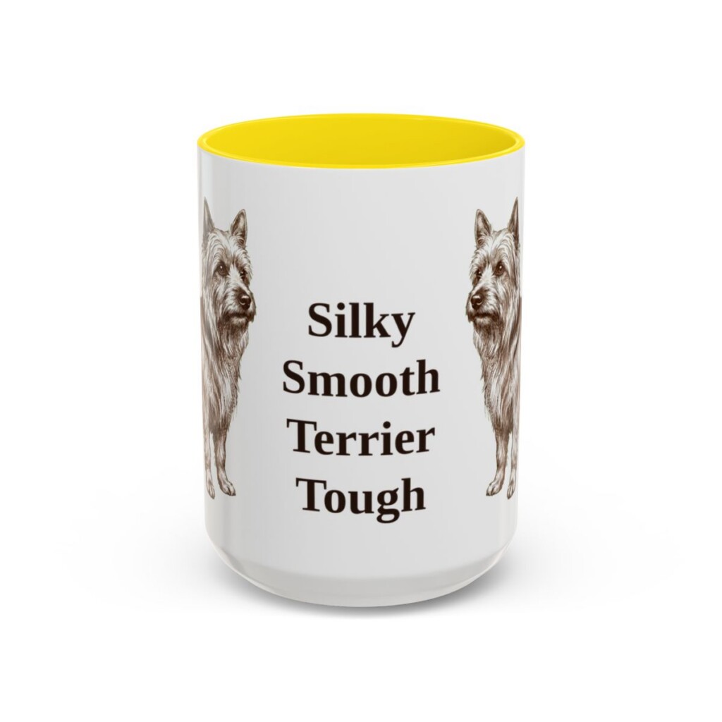 15oz Funny Silky Terrier Mug, Yellow, front view