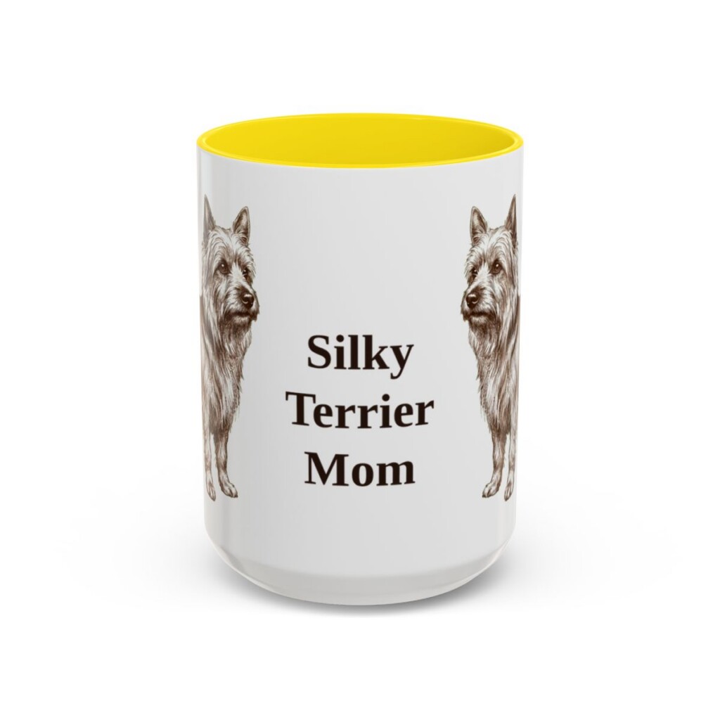 15oz-silky-terrier-mug-mom-yellow 15oz Silky Terrier Dog Mom Mug, Yellow, front view