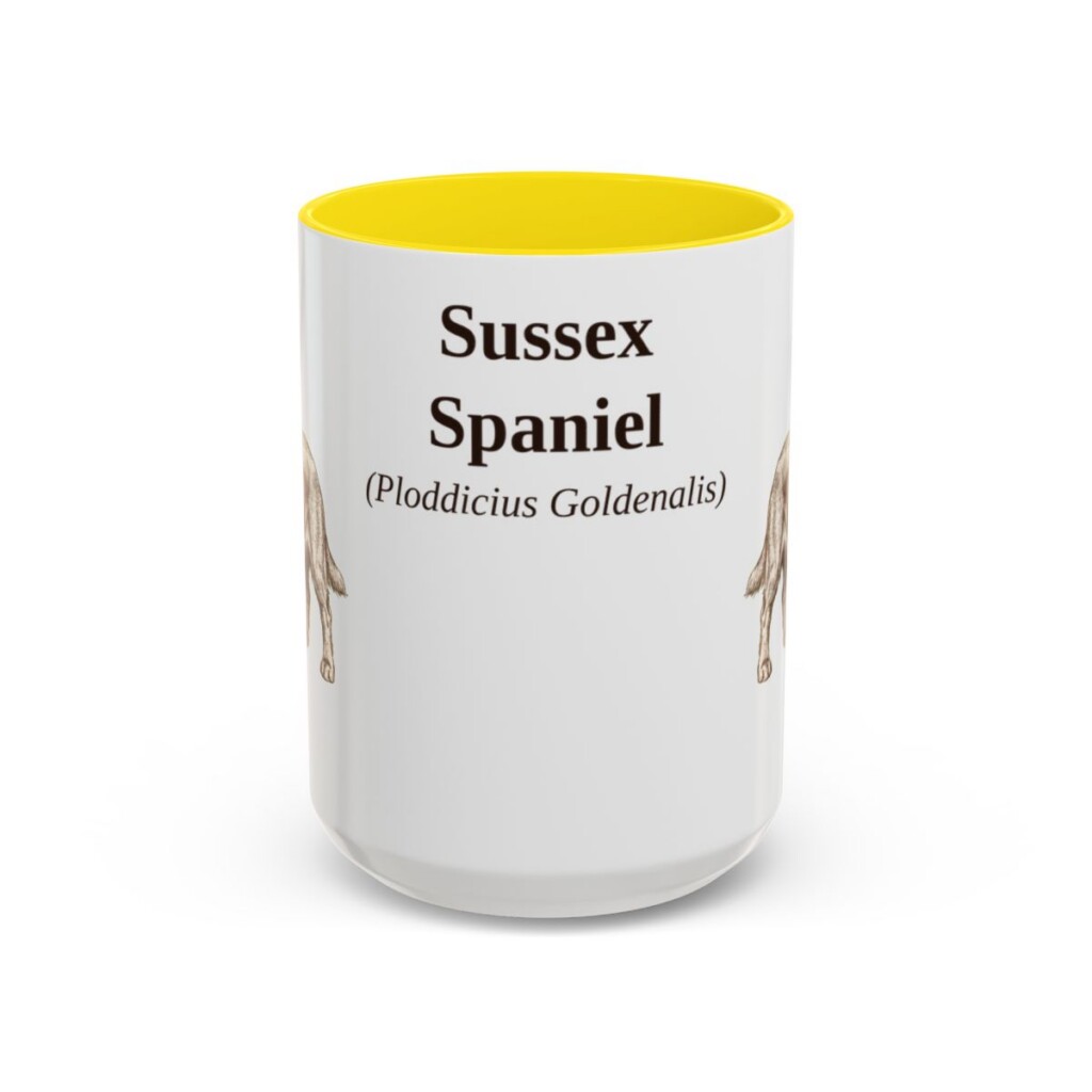15oz Sussex Spaniel Latin Mug, Yellow, front view