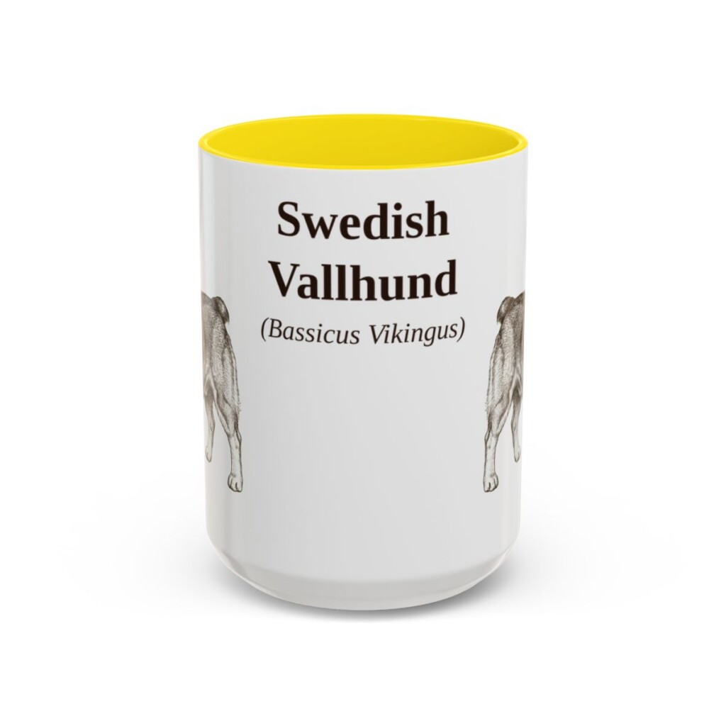 15oz Swedish Vallhund Latin Mug, Yellow, front view
