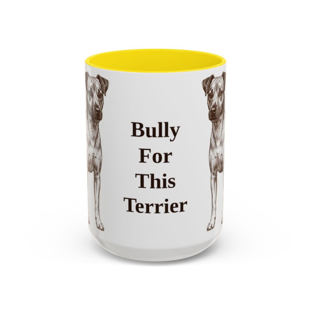 15oz Funny Teddy Roosevelt Terrier Mug, Yellow, front view
