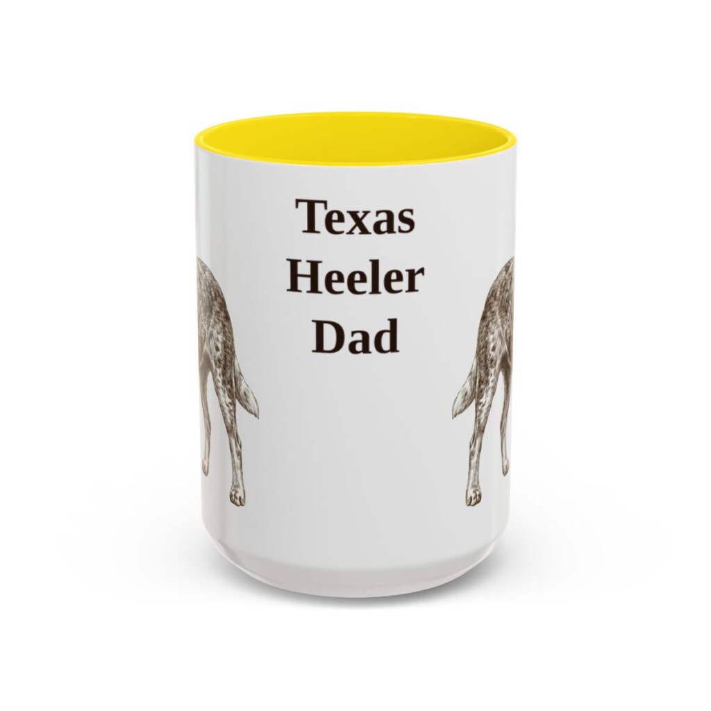 15oz Texas Heeler Dog Dad Mug, Yellow, front view