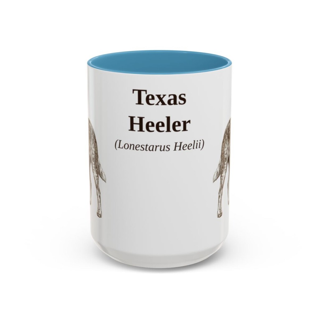 15oz Texas Heeler Latin Mug, Light Blue, front view