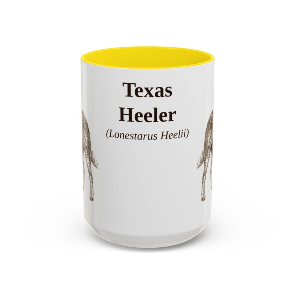 15oz Texas Heeler Latin Mug, Yellow, front view