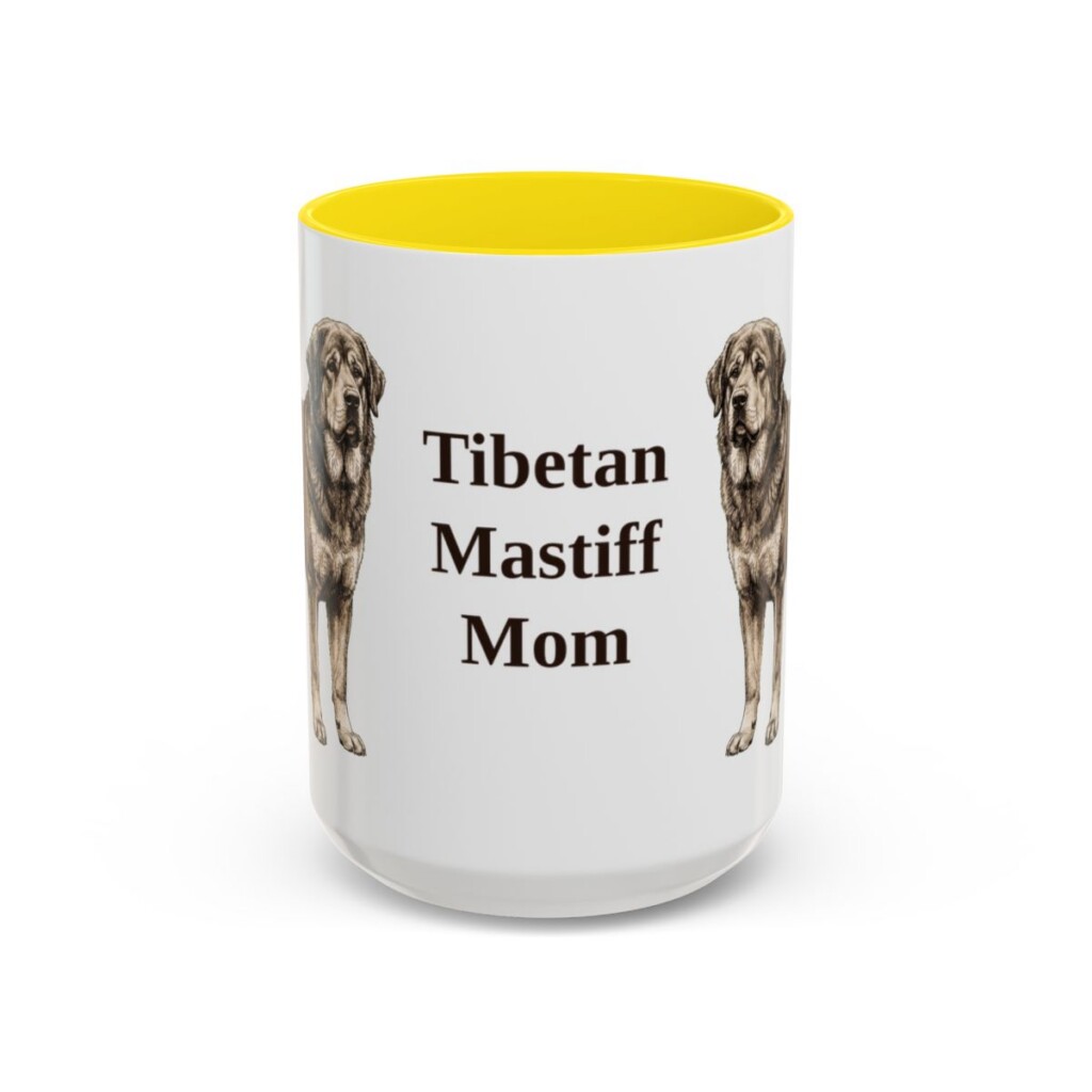 15oz Tibetan Mastiff Dog Mom Mug, Yellow, front view