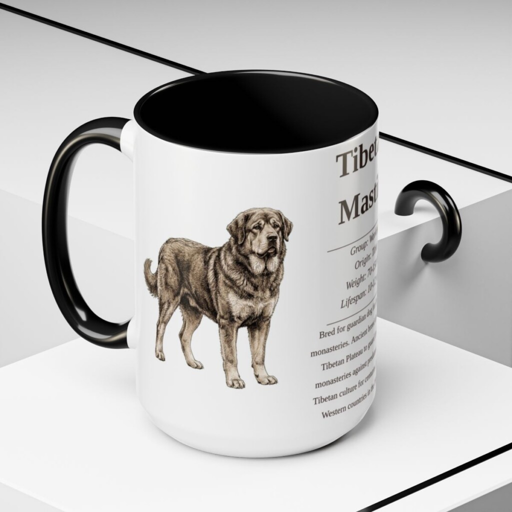 15oz Tibetan Mastiff Mug, Black, lifestyle photo