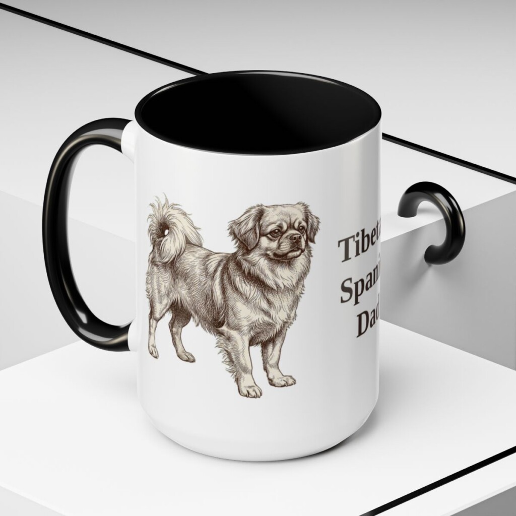 15oz-tibetan-spaniel-mug-dad-black-context-2 15oz Tibetan Spaniel Dog Dad Mug, Black, lifestyle photo