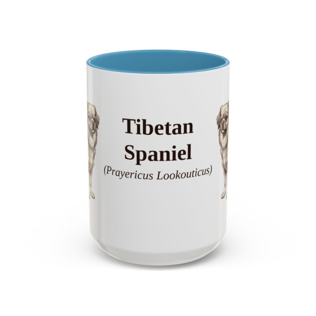 15oz Tibetan Spaniel Latin Mug, Light Blue, front view