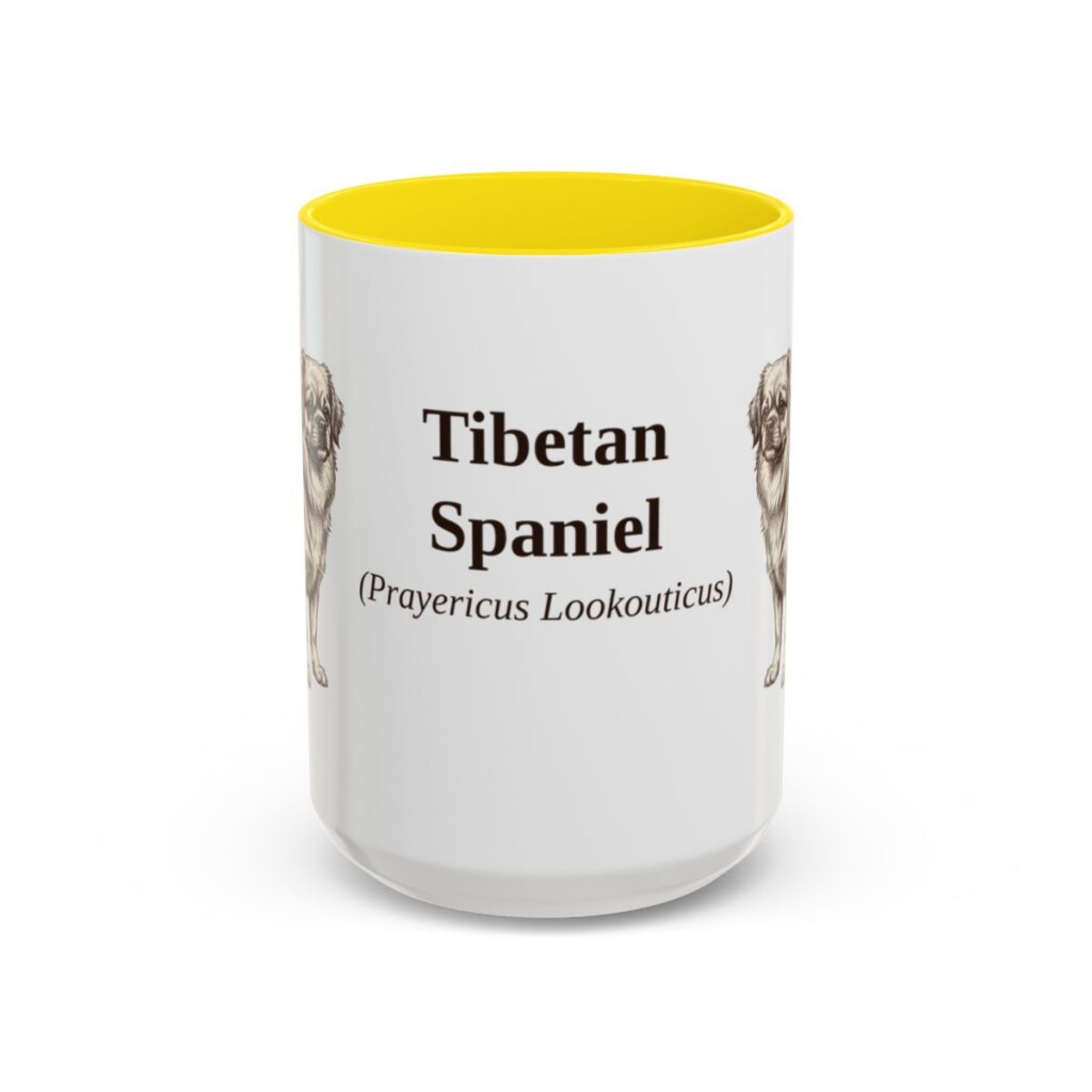 15oz Tibetan Spaniel Latin Mug, Yellow, front view