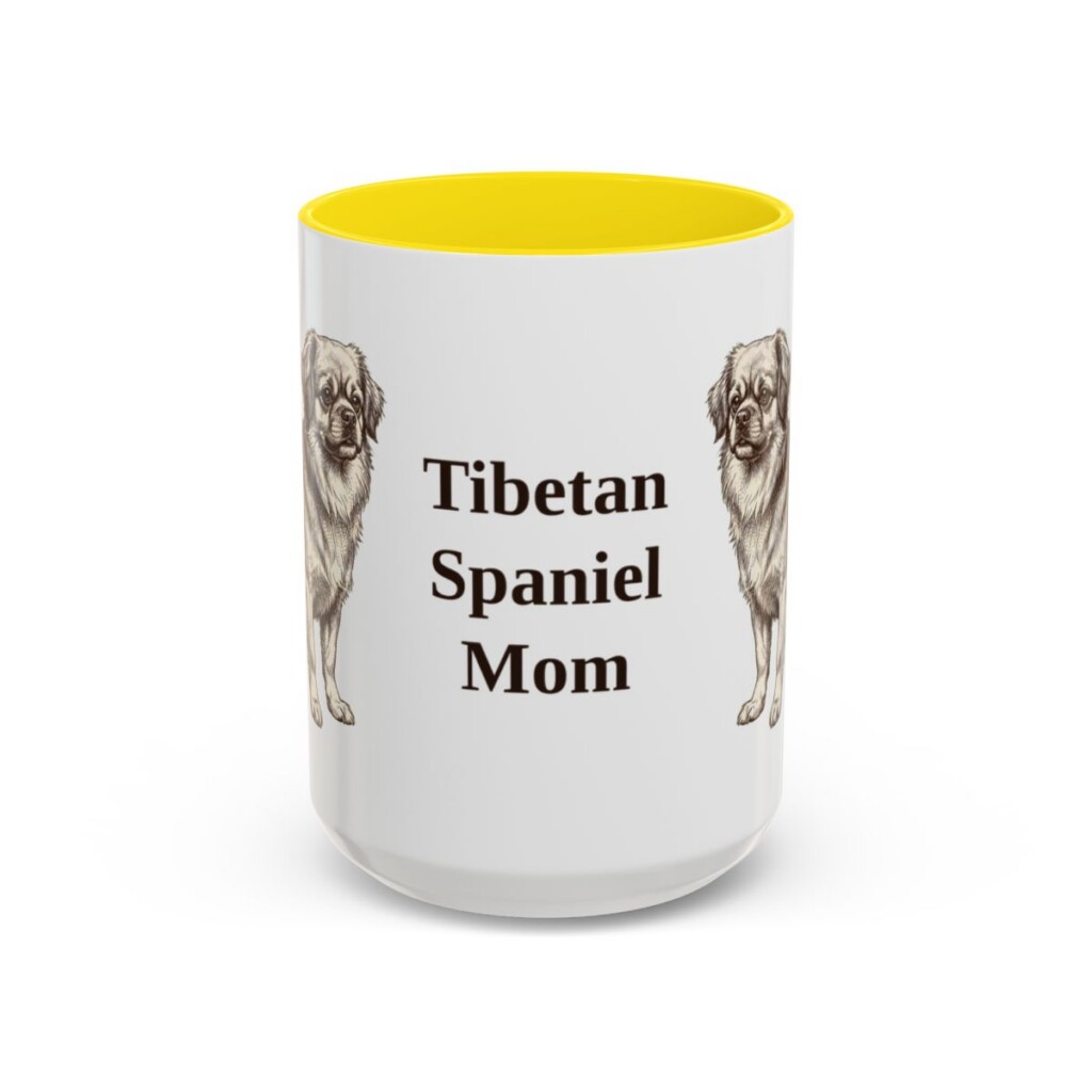 15oz Tibetan Spaniel Dog Mom Mug, Yellow, front view