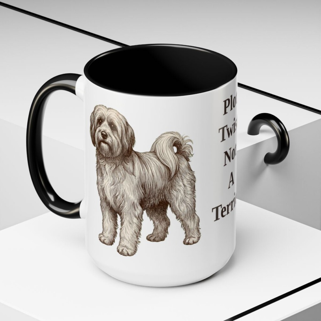 15oz Funny Tibetan Terrier Mug, Black, lifestyle photo