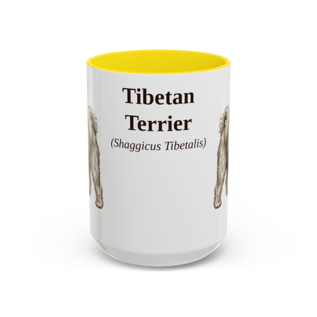 15oz Tibetan Terrier Latin Mug, Yellow, front view