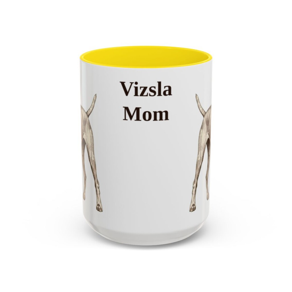 15oz-vizsla-mug-mom-yellow 15oz Vizsla Dog Mom Mug, Yellow, front view