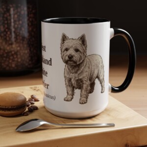 15oz West Highland White Terrier Latin Mug, Black, lifestyle photo
