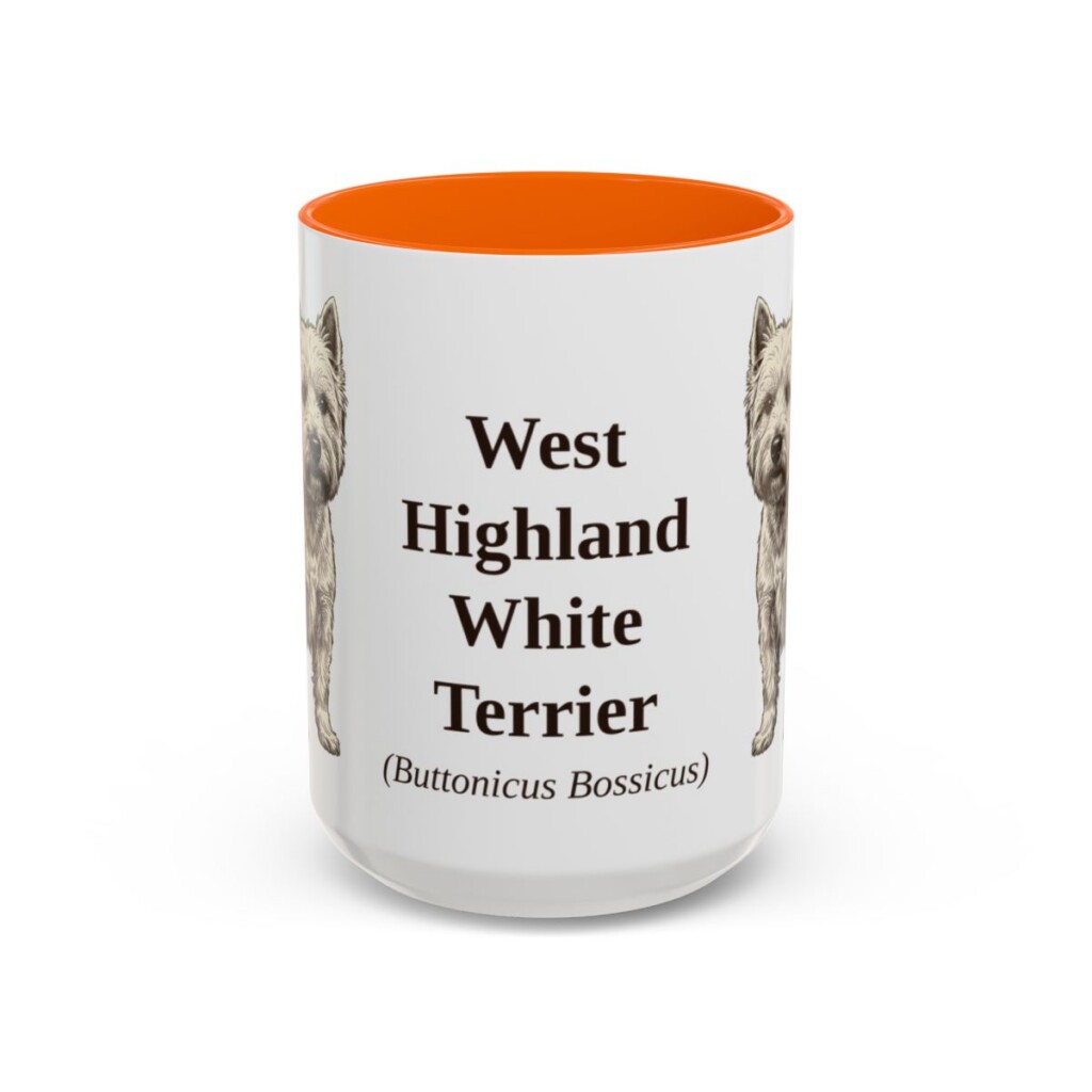 15oz West Highland White Terrier Latin Mug, Orange, front view