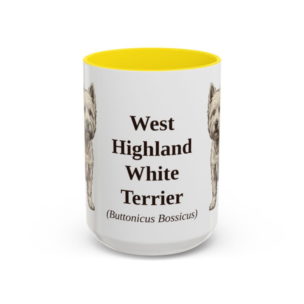 15oz West Highland White Terrier Latin Mug, Yellow, front view