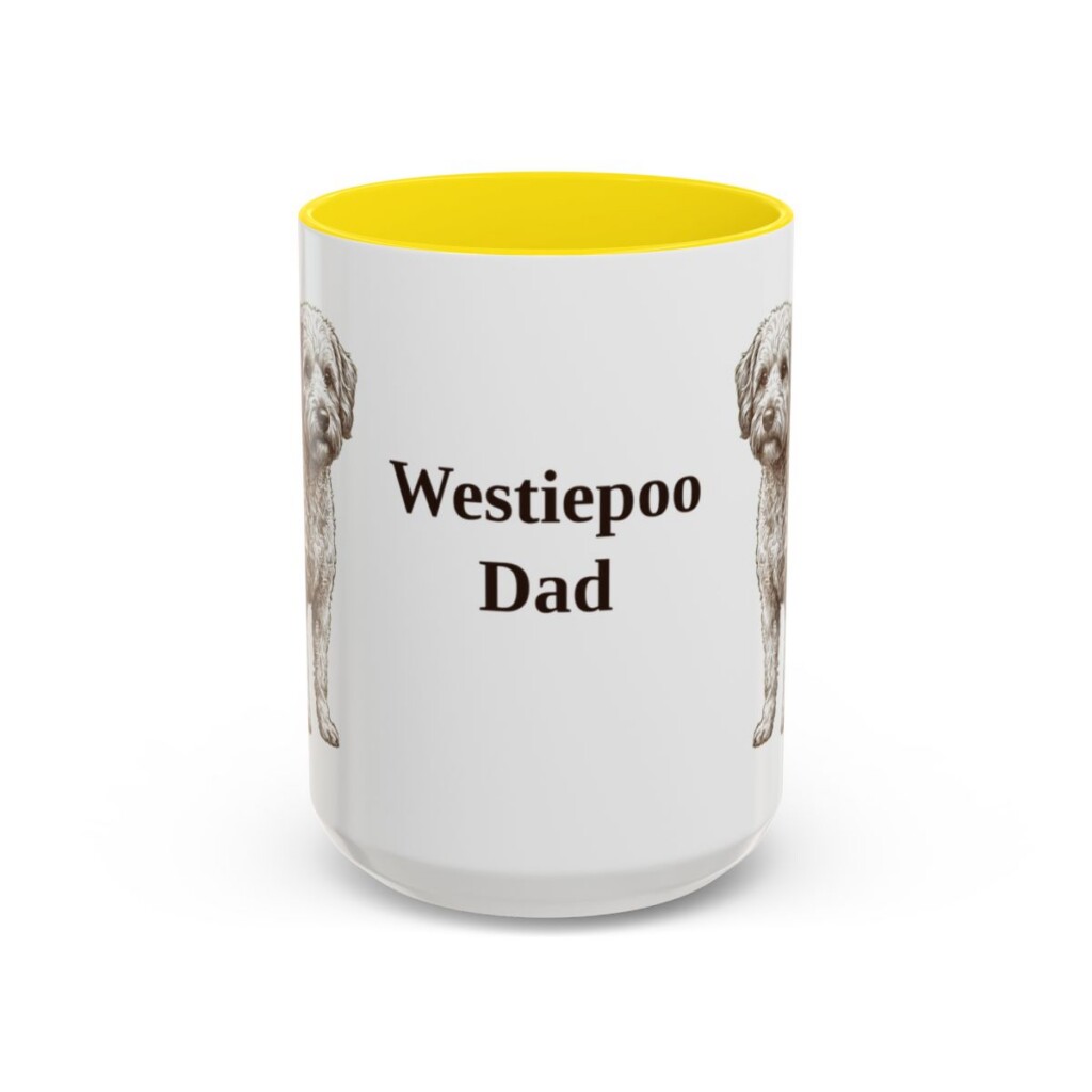 15oz Westiepoo Dog Dad Mug, Yellow, front view