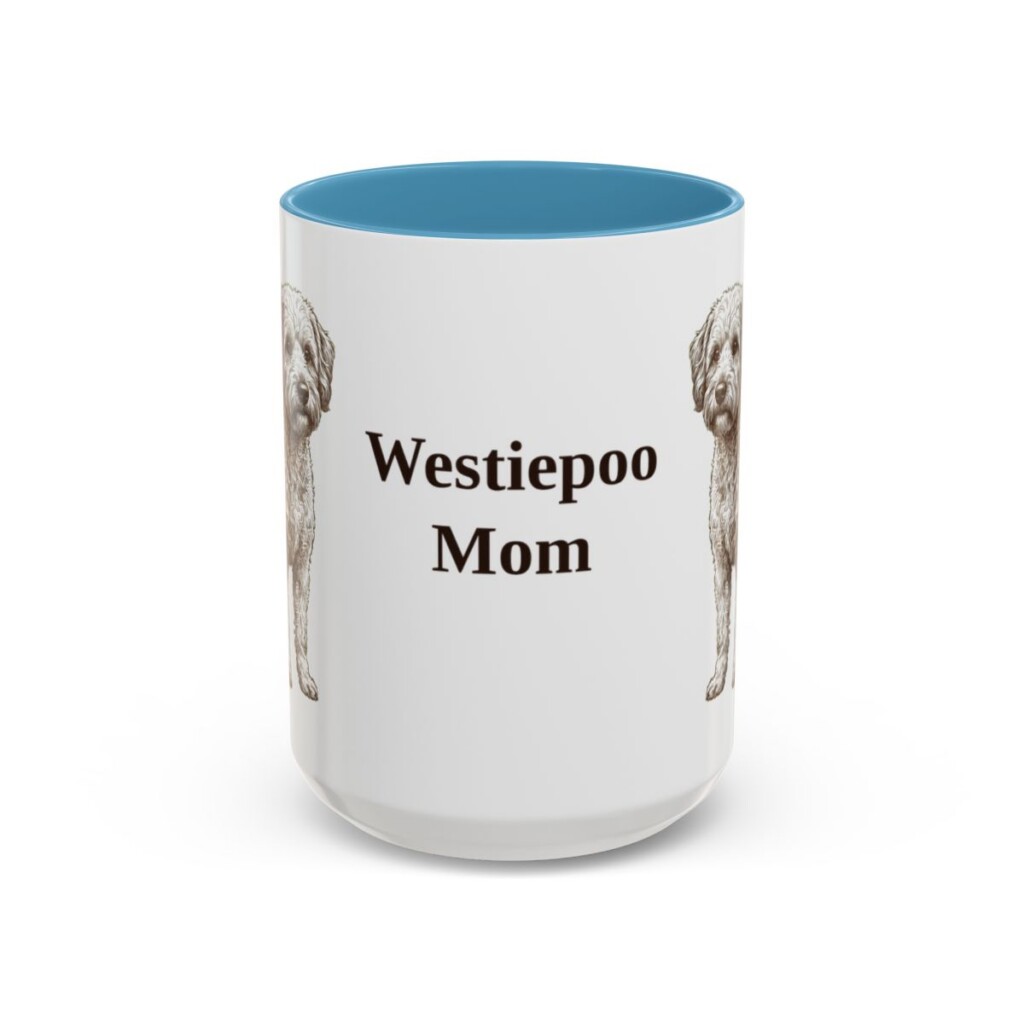 15oz Westiepoo Dog Mom Mug, Light Blue, front view
