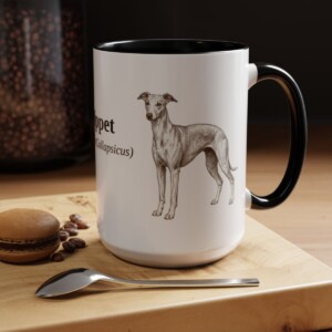 15oz Whippet Latin Mug, Black, lifestyle photo