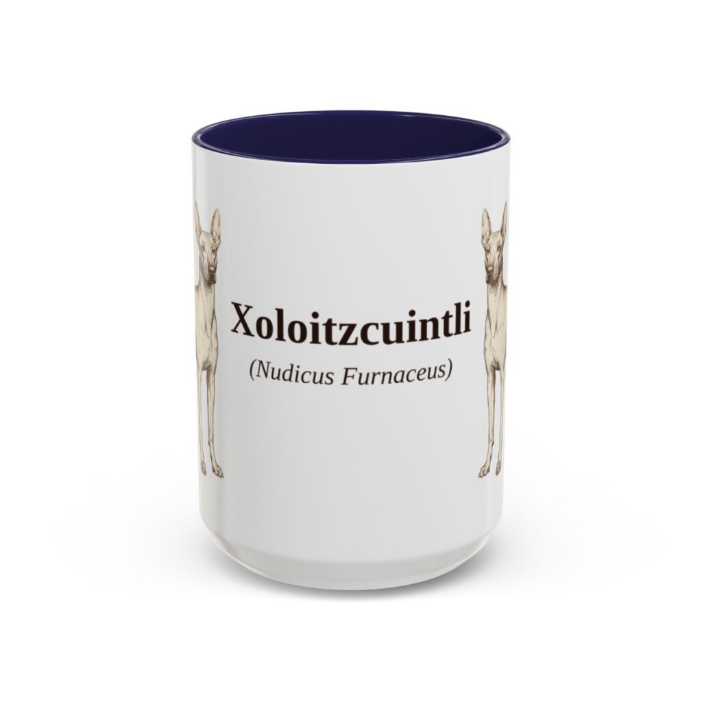 15oz-xoloitzcuintli-mug-latin-navy 15oz Xoloitzcuintli Latin Mug, Navy, front view