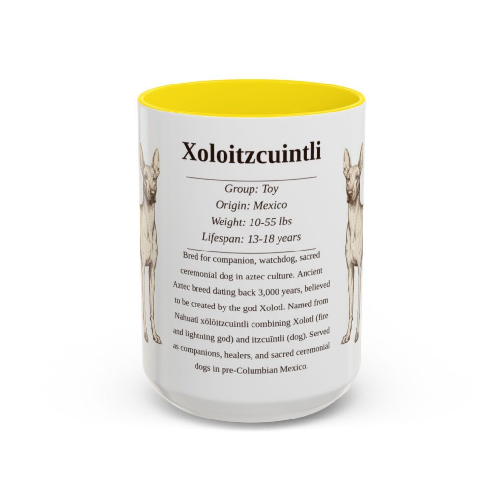 15oz-xoloitzcuintli-mug-writeup-yellow 15oz Xoloitzcuintli Mug, Yellow, front view