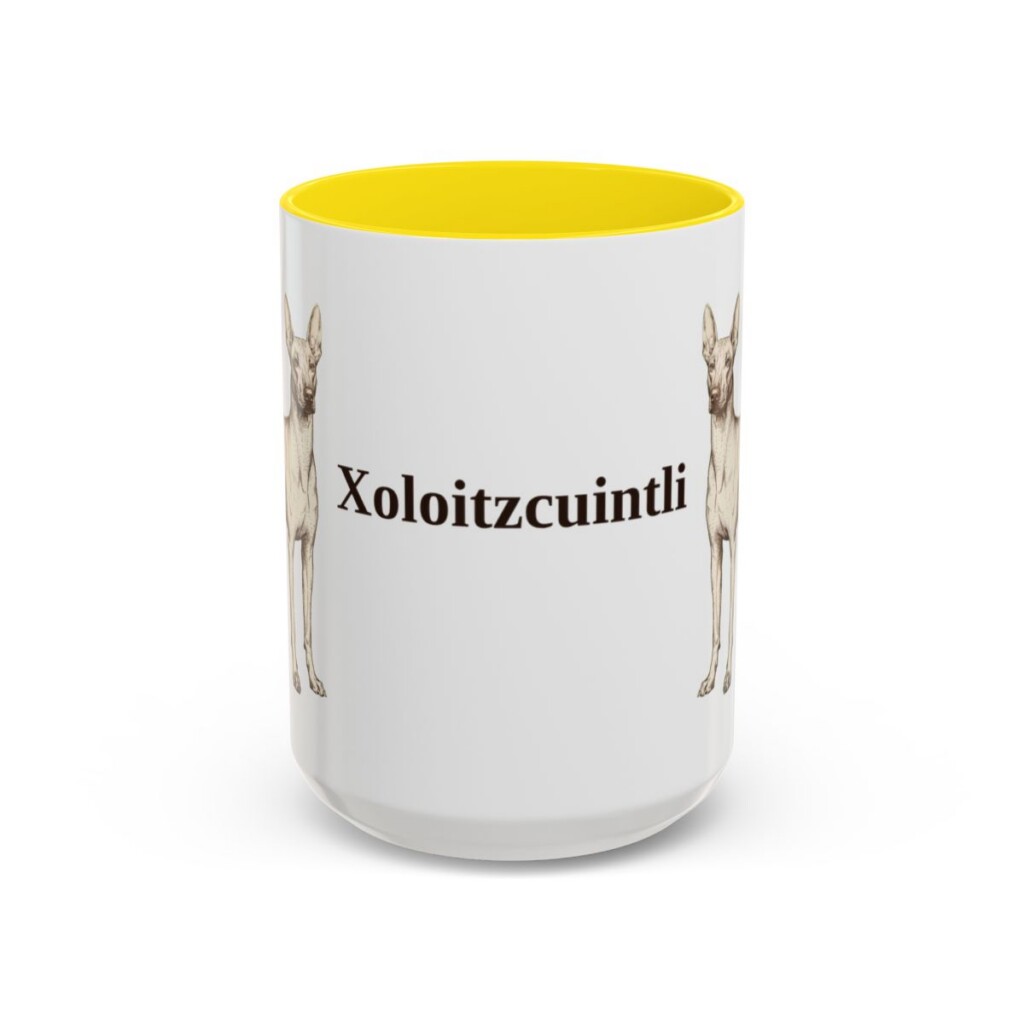 15oz Xoloitzcuintli Mug, Yellow, front view