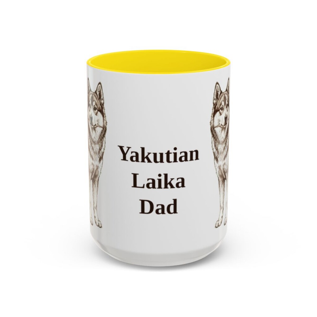 15oz Yakutian Laika Dog Dad Mug, Yellow, front view