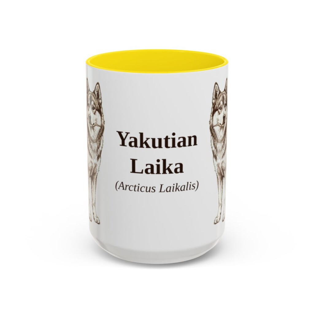 15oz-yakutian-laika-mug-latin-yellow 15oz Yakutian Laika Latin Mug, Yellow, front view