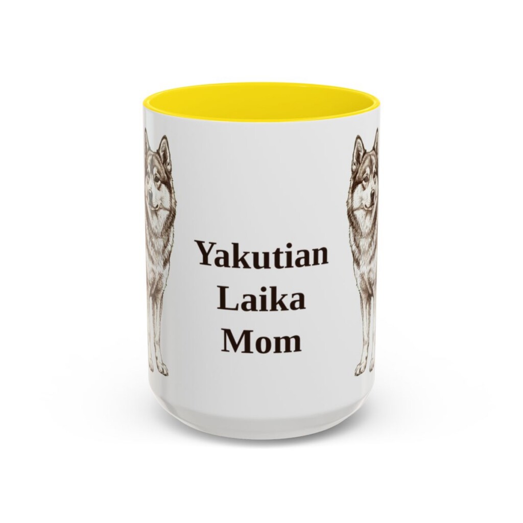 15oz Yakutian Laika Dog Mom Mug, Yellow, front view