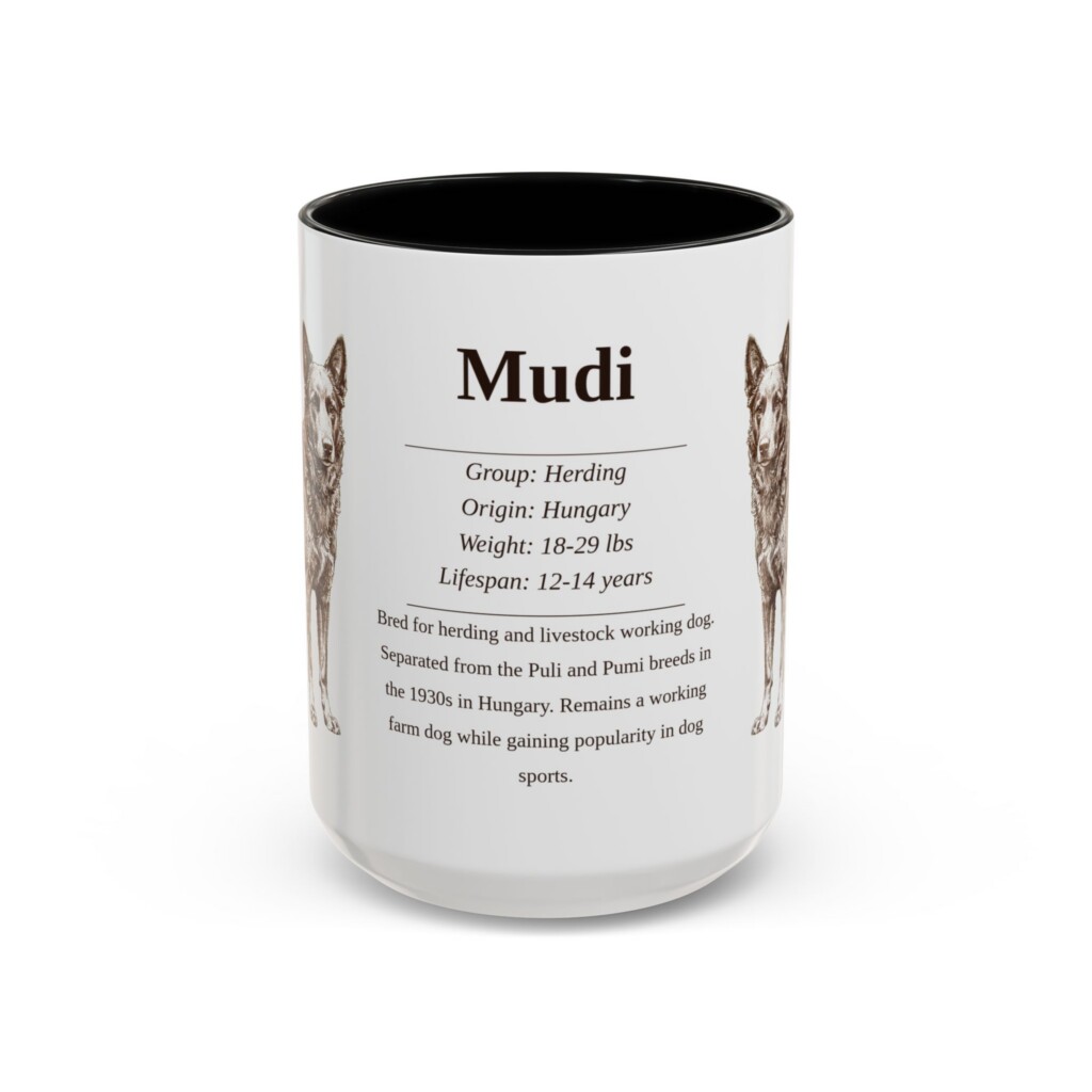 15oz Mudi Mug, Illustrated Dog Breed Facts Coffee Mug, Vintage Dog Keepsake Gift