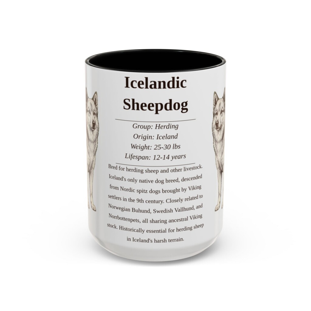 15oz Icelandic Sheepdog Mug, Illustrated Dog Breed Facts Coffee Mug, Vintage Dog Keepsake Gift