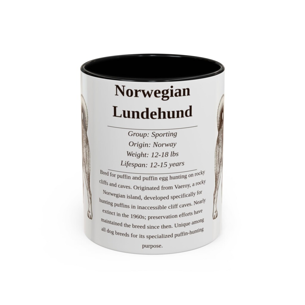 11oz Norwegian Lundehund Mug, Illustrated Dog Breed Facts Coffee Mug, Vintage Dog Keepsake Gift