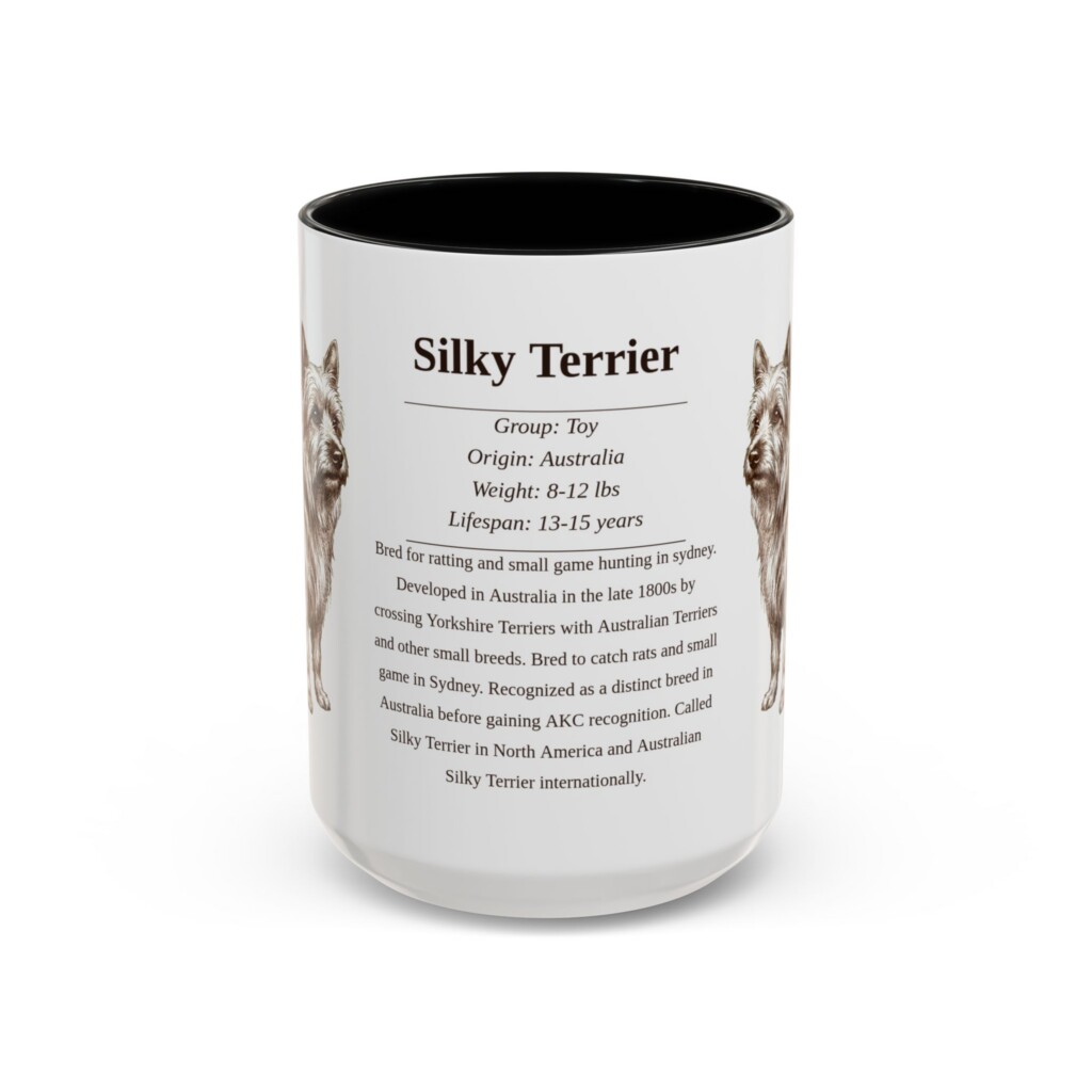 15oz Silky Terrier Mug, Illustrated Dog Breed Facts Coffee Mug, Vintage Dog Keepsake Gift