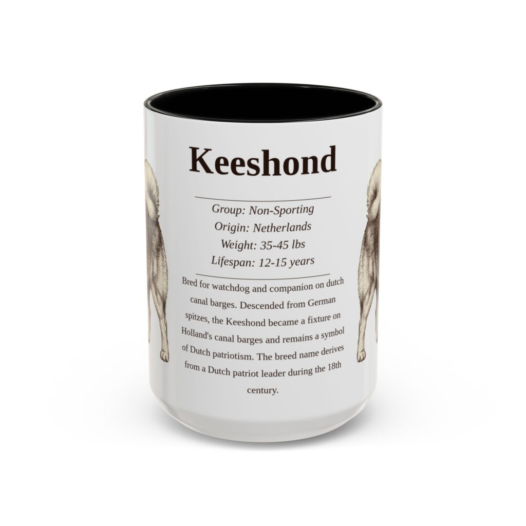 15oz Keeshond Mug, Illustrated Dog Breed Facts Coffee Mug, Vintage Dog Keepsake Gift