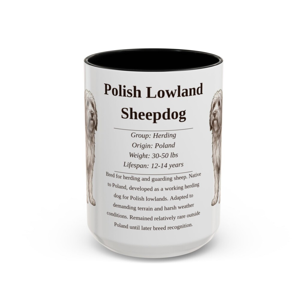 15oz Polish Lowland Sheepdog Mug, Illustrated Dog Breed Facts Coffee Mug, Vintage Dog Keepsake Gift