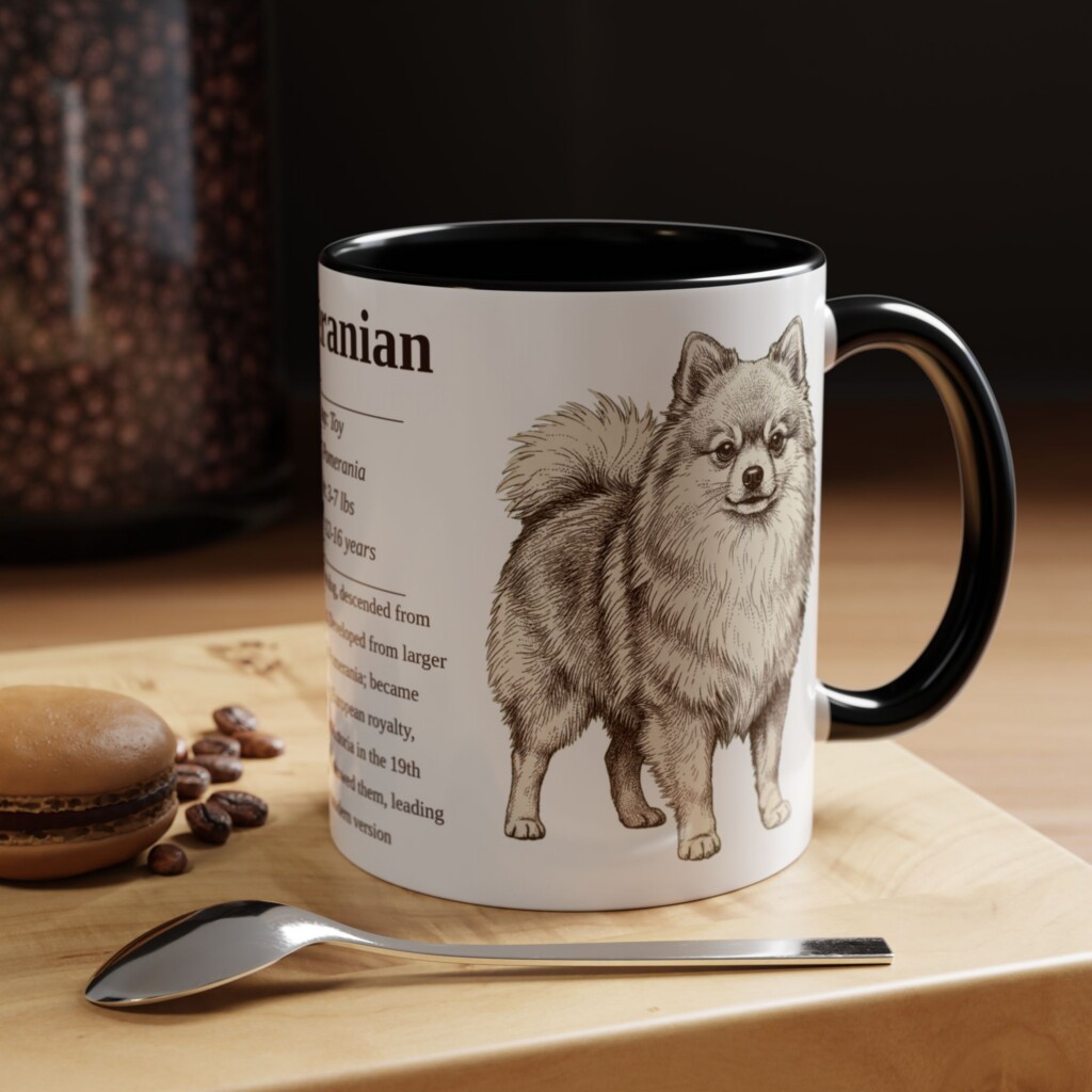 11oz Pomeranian Mug, Illustrated Dog Breed Facts Coffee Mug, Black